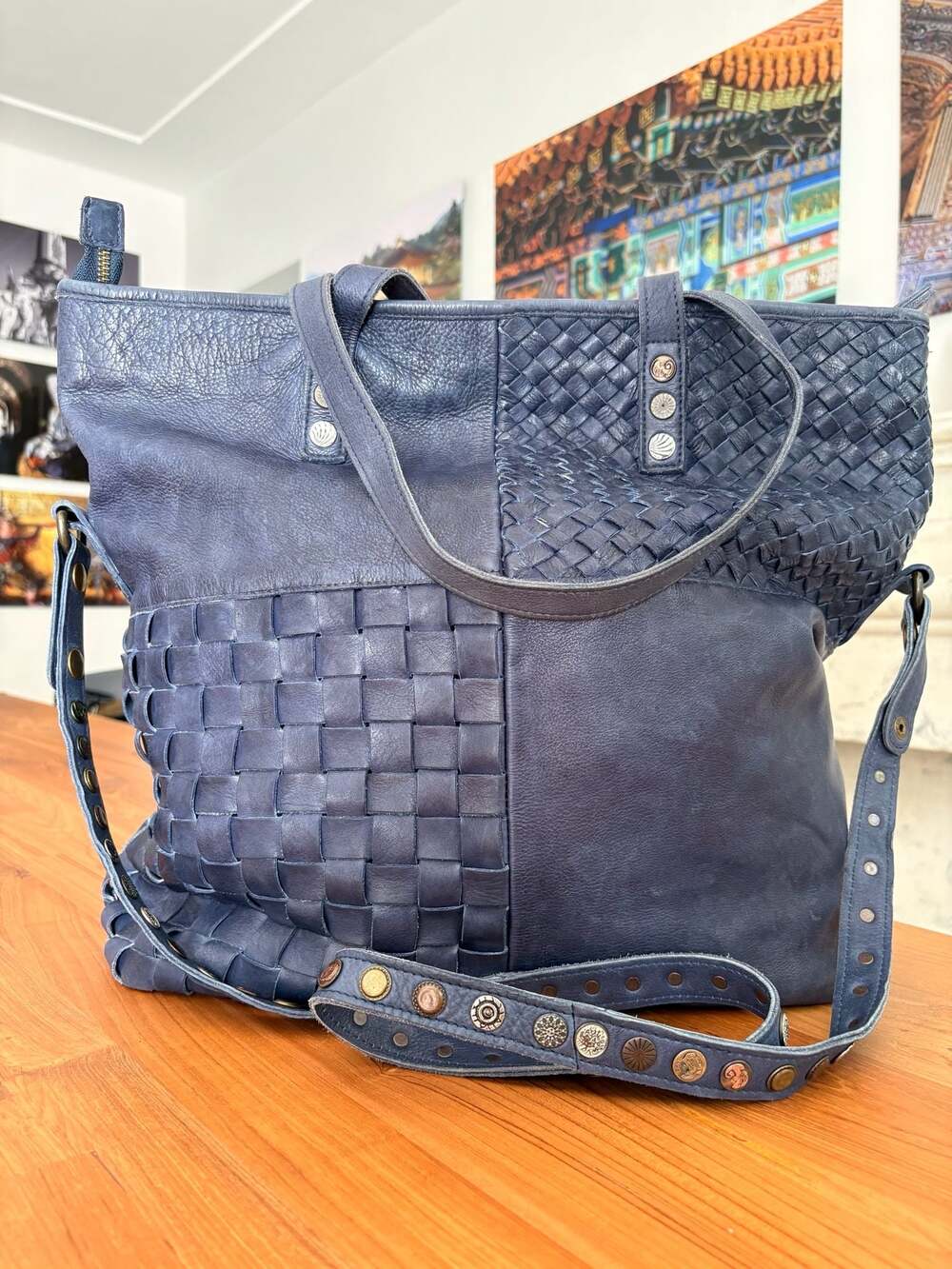 Viola Castellani Milano Navy Blue Woven Leather Studded Tote Shoulder Bag